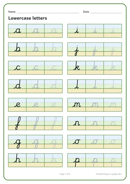A sheet of all the small letters in joined cursive, in boxes, two columns.