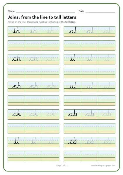 Joins practice in cursive: th, ch, sh, ck and ll.