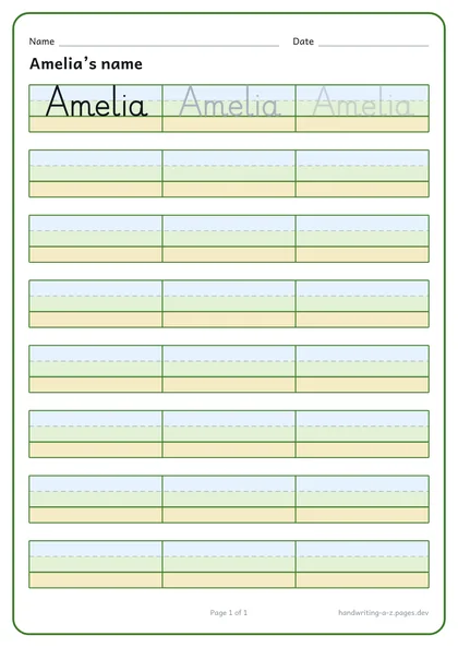 A child's name, Amelia, to trace in joined handwriting.