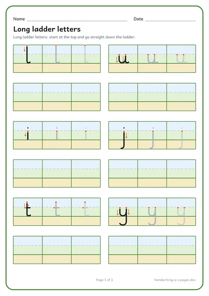 Print letters with orange starting dots and arrows showing where to start and which way to go.